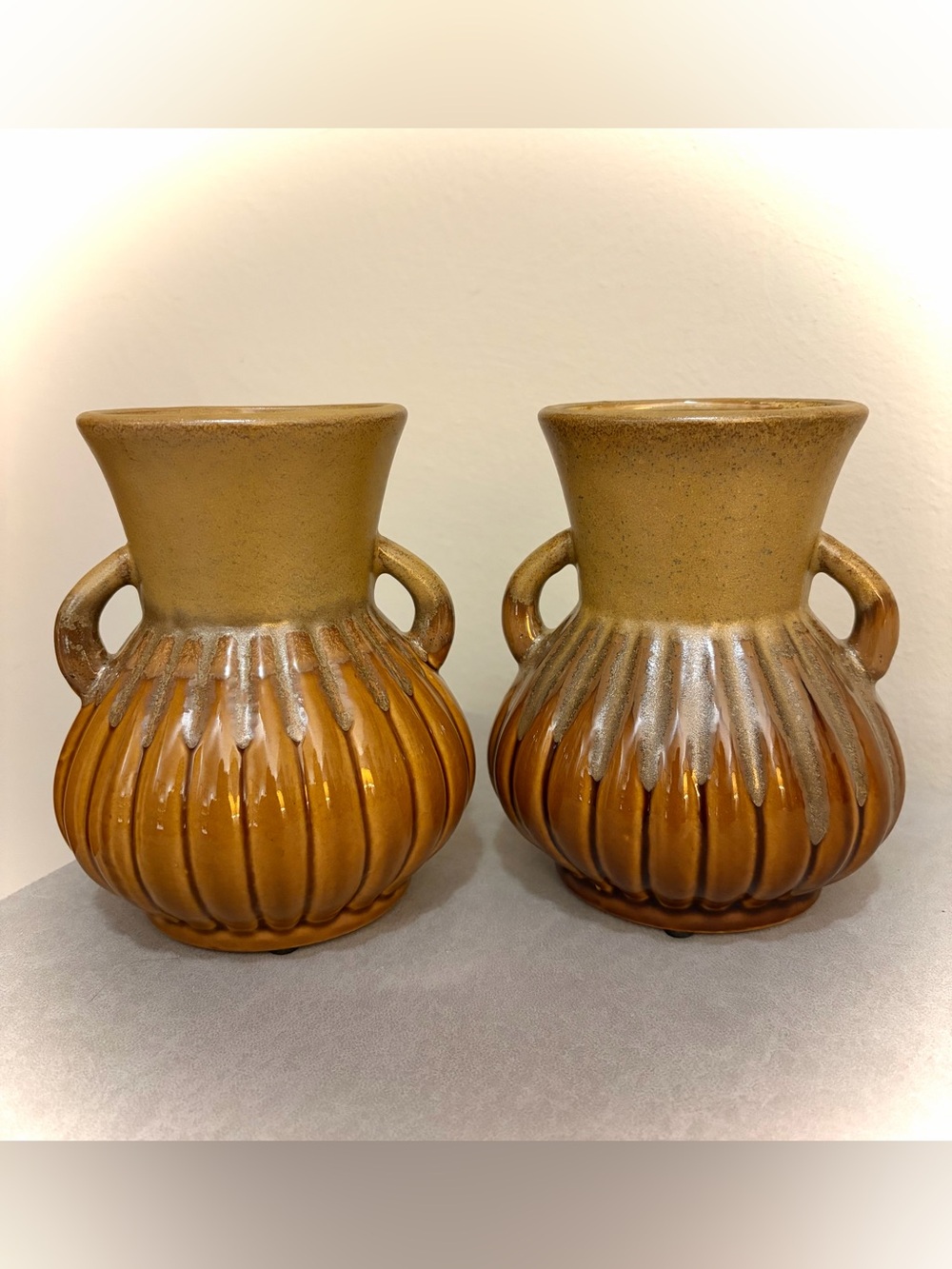 Pair of Vintage Napco Drip Glazed Double Handle Vase 5.5" Tall